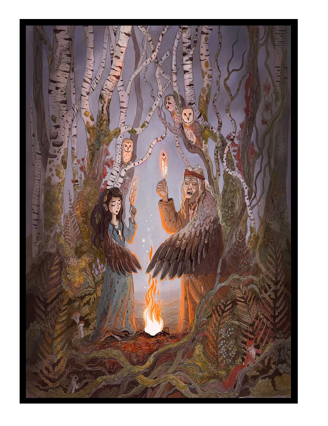 Detailed fantasy giclée art print featuring two winged women performing a ritual beside a glowing fire in a mystical birch forest, surrounded by owls, woodland animals, and folklore-inspired details in soft earthy colors. Vertical wall art for cozy home decor.