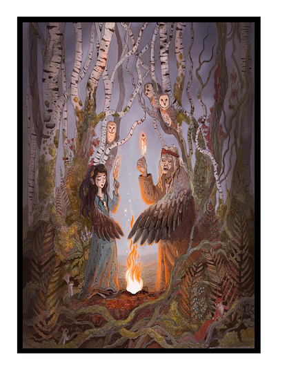 Detailed fantasy giclée art print featuring two winged women performing a ritual beside a glowing fire in a mystical birch forest, surrounded by owls, woodland animals, and folklore-inspired details in soft earthy colors. Vertical wall art for cozy home decor.