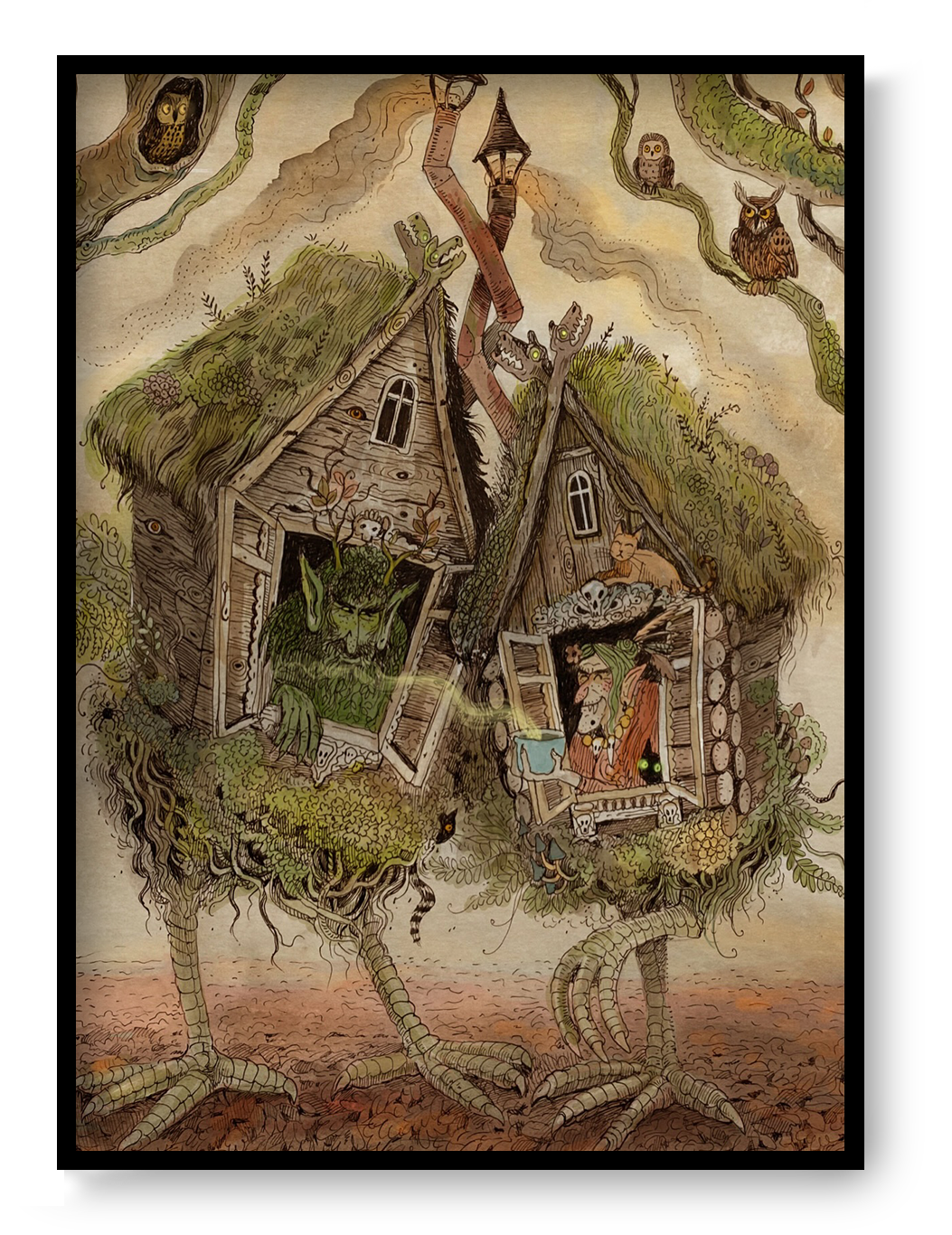 Whimsical folklore-inspired giclée art print featuring two walking woodland cottages on bird-like legs, magical creatures, owls, witches, and detailed forest elements in earthy tones. Vertical fantasy wall art for cozy home decor.