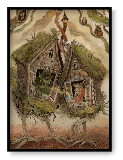 Whimsical folklore-inspired giclée art print featuring two walking woodland cottages on bird-like legs, magical creatures, owls, witches, and detailed forest elements in earthy tones. Vertical fantasy wall art for cozy home decor.