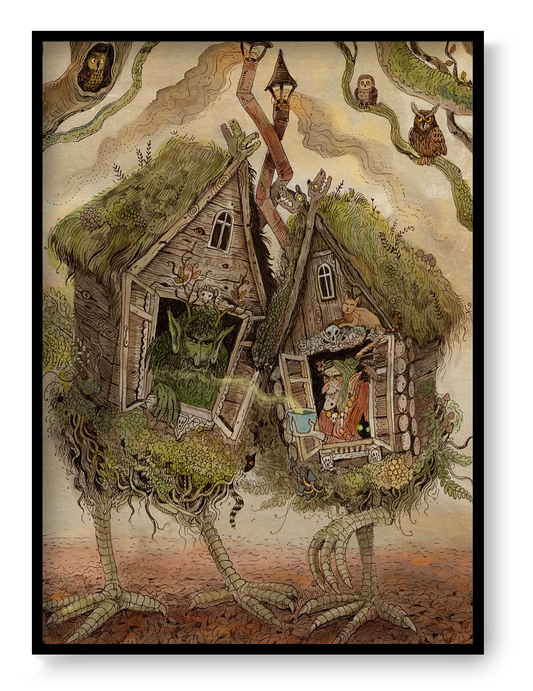 Whimsical folklore-inspired giclée art print featuring two walking woodland cottages on bird-like legs, magical creatures, owls, witches, and detailed forest elements in earthy tones. Vertical fantasy wall art for cozy home decor.