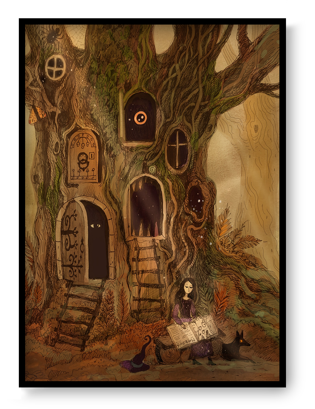 Whimsical fantasy treehouse illustration by Lena Yampolski featuring magical doors, hidden windows, a young witch reading beside a black fox, and enchanted forest details in warm earthy tones. Vertical giclée wall art for cozy home decor.