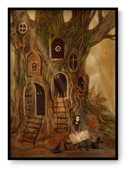 Whimsical fantasy treehouse illustration by Lena Yampolski featuring magical doors, hidden windows, a young witch reading beside a black fox, and enchanted forest details in warm earthy tones. Vertical giclée wall art for cozy home decor.