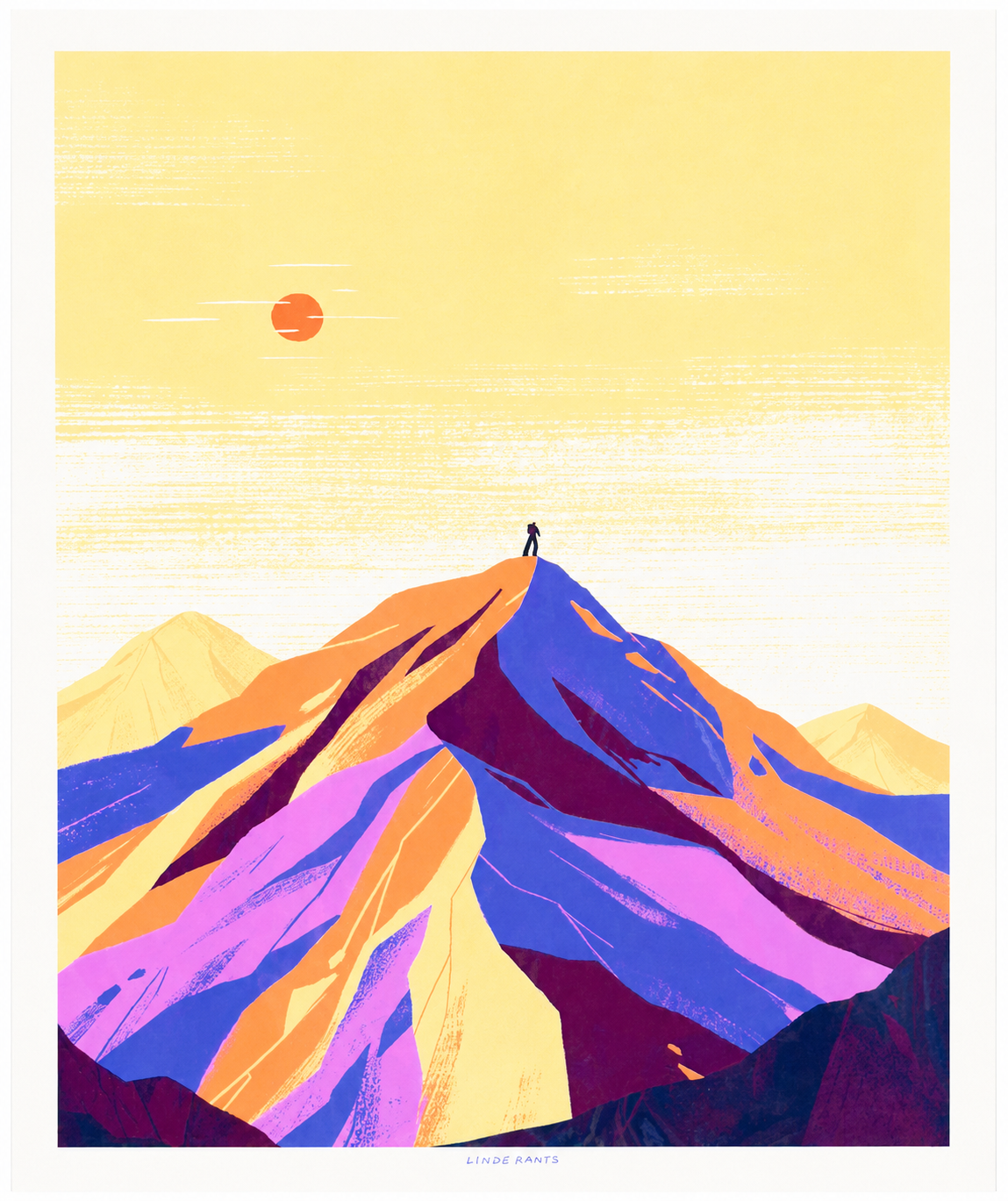 Vertical giclée art print of a lone figure standing on an Alpine mountain peak, illustrated in vivid purple, orange, pink and pale yellow tones, ideal as colourful wall art for a living room, office or studio.