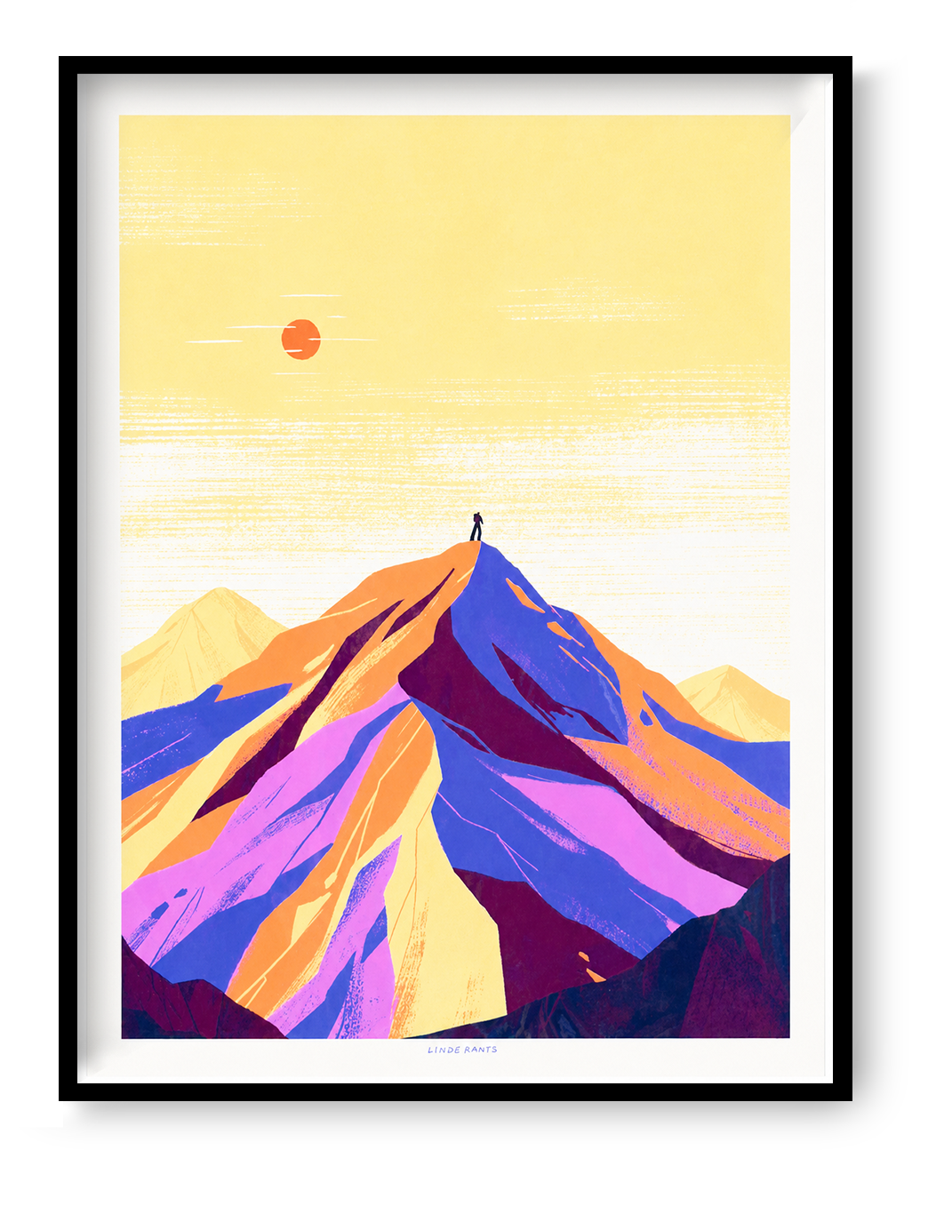 Vertical giclée art print of a lone figure standing on an Alpine mountain peak, illustrated in vivid purple, orange, pink and pale yellow tones, ideal as colourful wall art for a living room, office or studio.