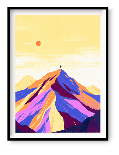 Vertical giclée art print of a lone figure standing on an Alpine mountain peak, illustrated in vivid purple, orange, pink and pale yellow tones, ideal as colourful wall art for a living room, office or studio.