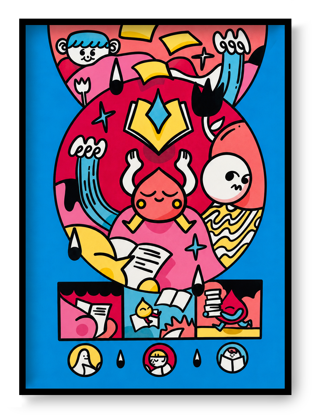 Vertical risograph art print by Auwnanas showing playful characters making, reading and carrying books and loose pages, with bold black lines and bright pink, blue and yellow colours, ideal for a reading room or creative wall.