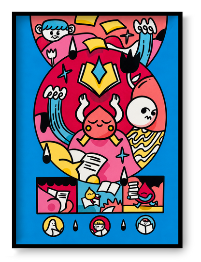 Vertical risograph art print by Auwnanas showing playful characters making, reading and carrying books and loose pages, with bold black lines and bright pink, blue and yellow colours, ideal for a reading room or creative wall.