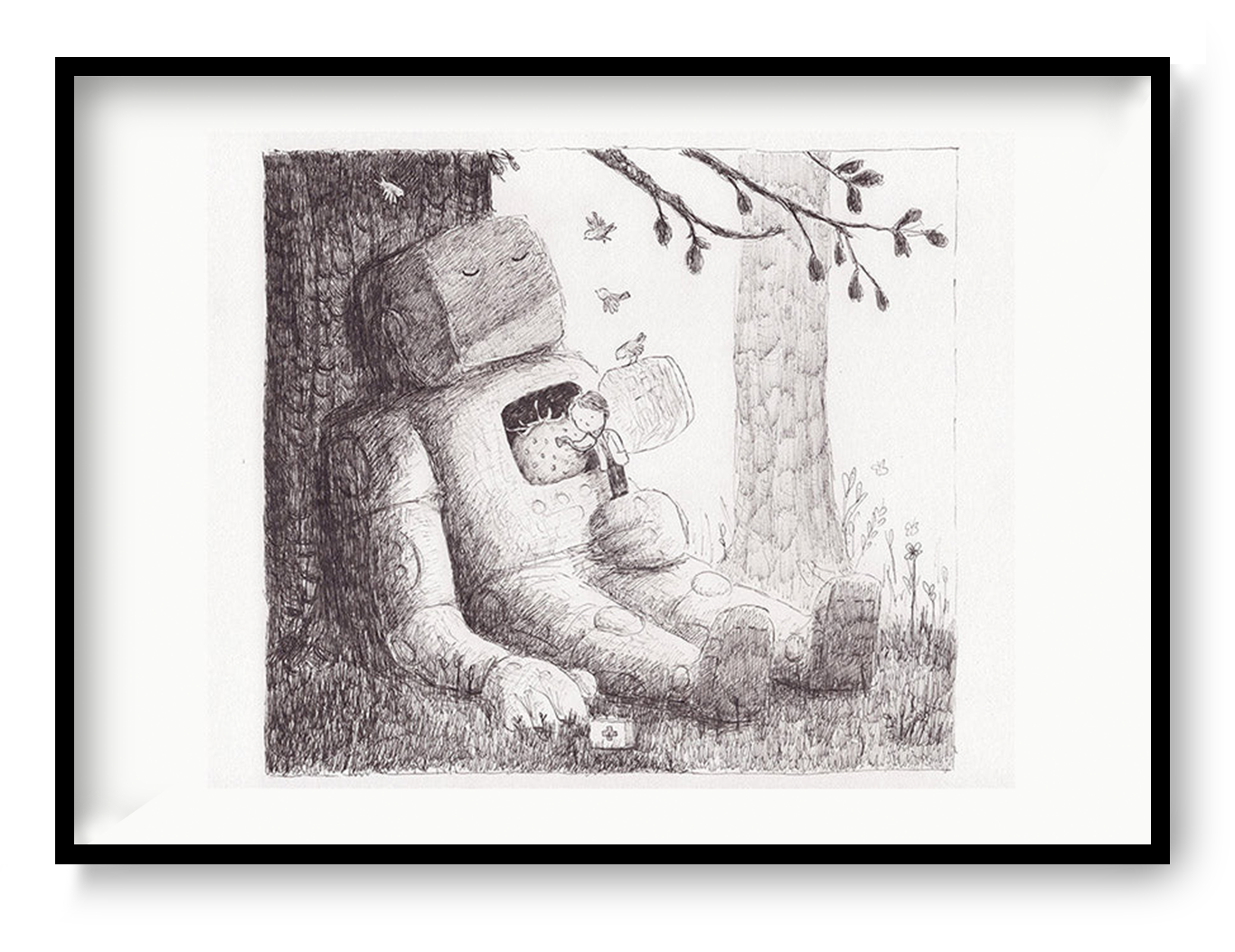 Black and white pencil illustration by Willy Leung showing a large sleeping robot leaning against a tree while a small child rests safely inside its open chest cavity in a peaceful forest setting, printed as an A4 giclée art print.