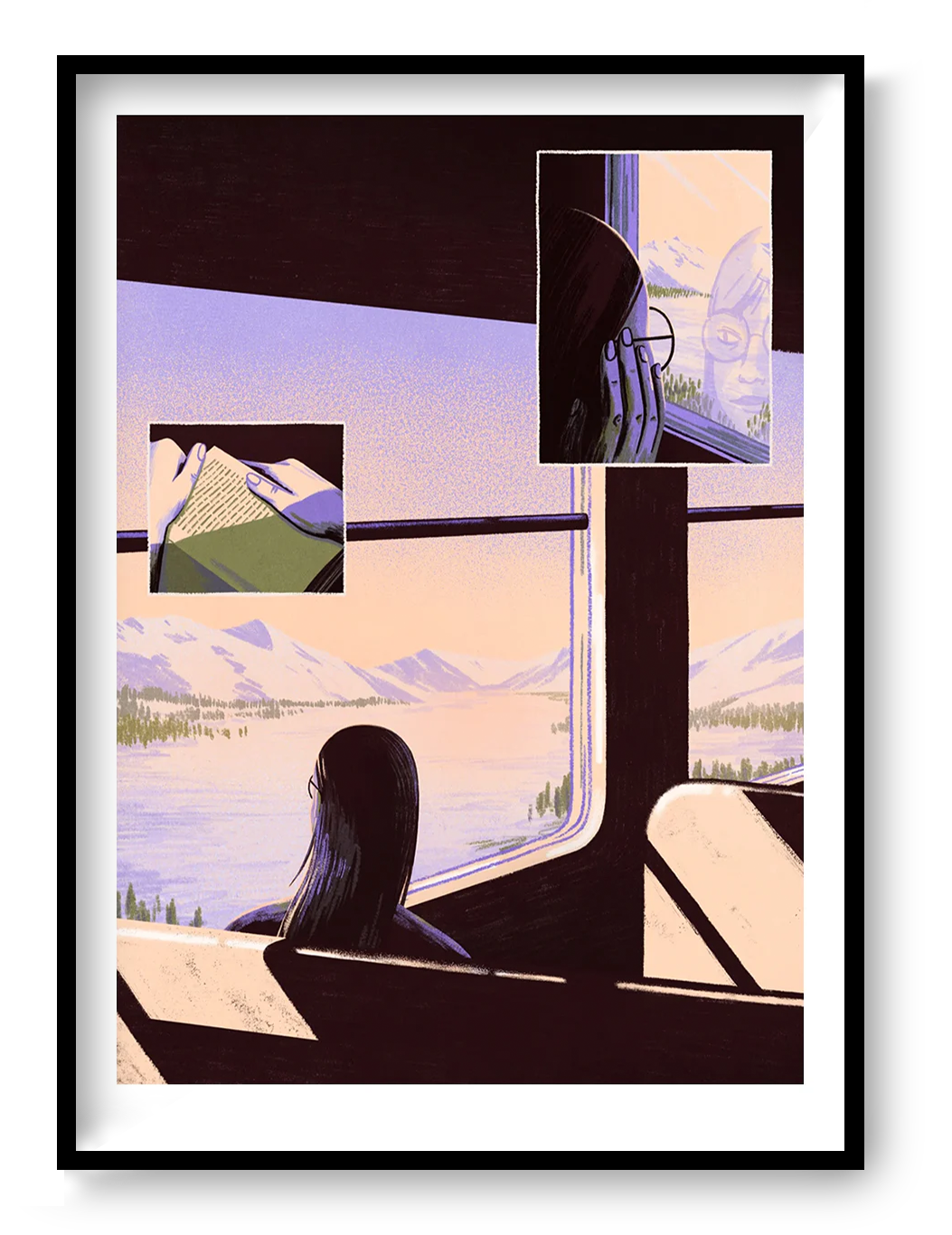 Giclée art print by Belgian illustrator Linde Raats showing a woman on a train gazing out at snowy Arctic mountains, with warm pastel hues and atmospheric light – 30x40 cm fine art print perfect for winter lovers and dreamy interiors