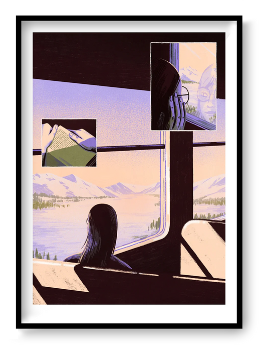 Giclée art print by Belgian illustrator Linde Raats showing a woman on a train gazing out at snowy Arctic mountains, with warm pastel hues and atmospheric light – 30x40 cm fine art print perfect for winter lovers and dreamy interiors