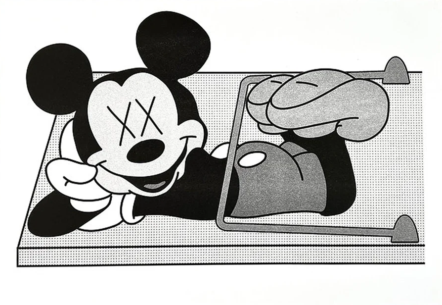 Black and white risograph art print showing a nostalgic cartoon mouse caught in a mousetrap, combining pop culture, dark humor, and minimalist graphic illustration. Landscape-format wall art for modern interiors.