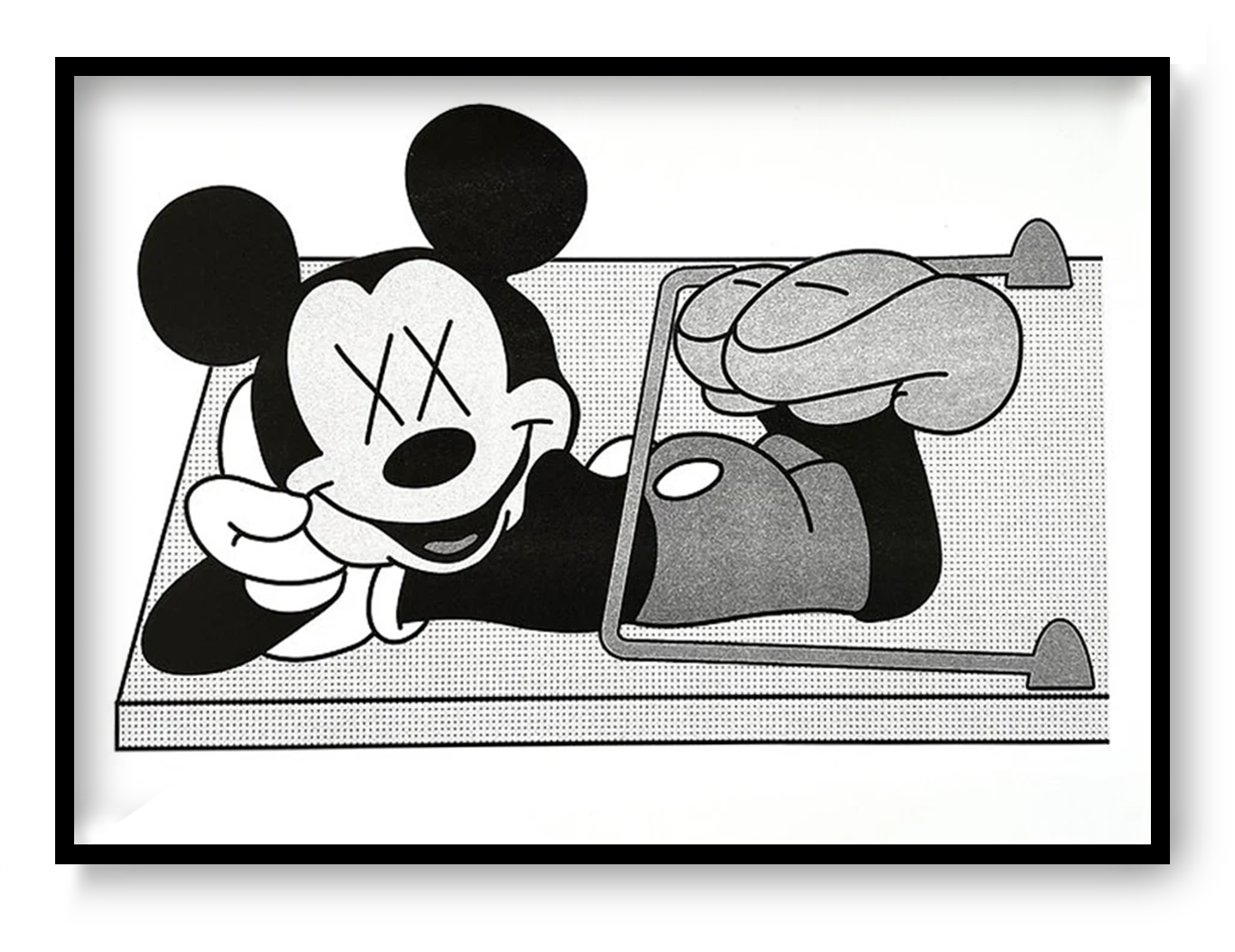 Black and white risograph art print showing a nostalgic cartoon mouse caught in a mousetrap, combining pop culture, dark humor, and minimalist graphic illustration. Landscape-format wall art for modern interiors.