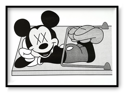 Black and white risograph art print showing a nostalgic cartoon mouse caught in a mousetrap, combining pop culture, dark humor, and minimalist graphic illustration. Landscape-format wall art for modern interiors.