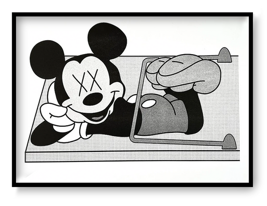 Black and white risograph art print showing a nostalgic cartoon mouse caught in a mousetrap, combining pop culture, dark humor, and minimalist graphic illustration. Landscape-format wall art for modern interiors.