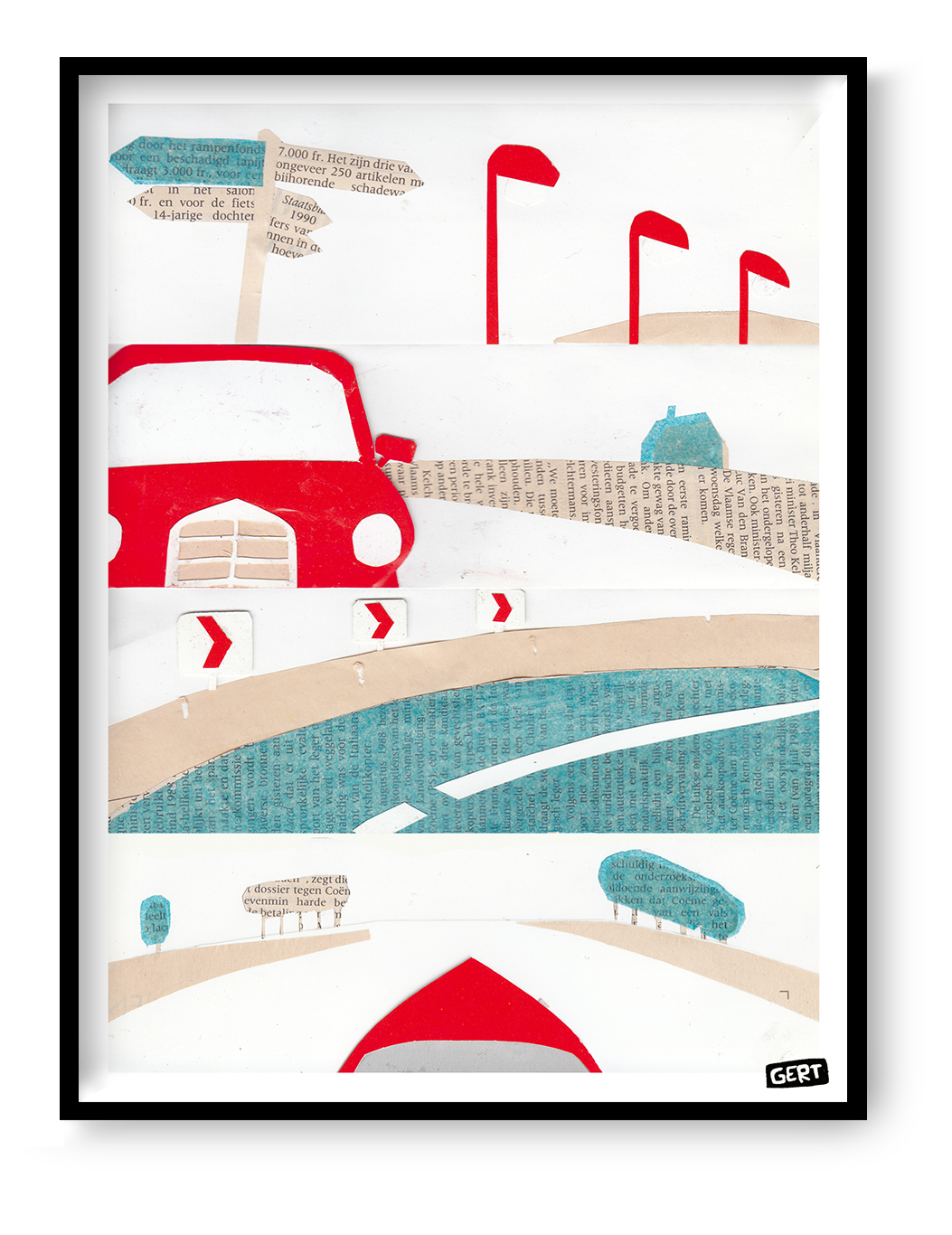 Travel by Gert Paenen digital art print featuring a stylized road journey with a red car, graphic signposts, curved roadway, and collage-inspired landscape elements. Contemporary travel wall art print for modern home decor and creative interiors.