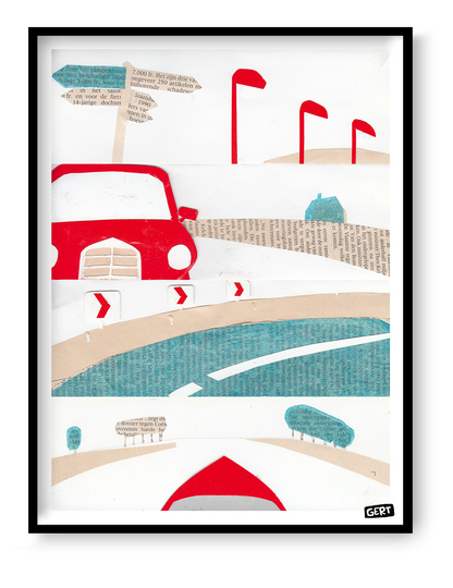 Travel by Gert Paenen digital art print featuring a stylized road journey with a red car, graphic signposts, curved roadway, and collage-inspired landscape elements. Contemporary travel wall art print for modern home decor and creative interiors.