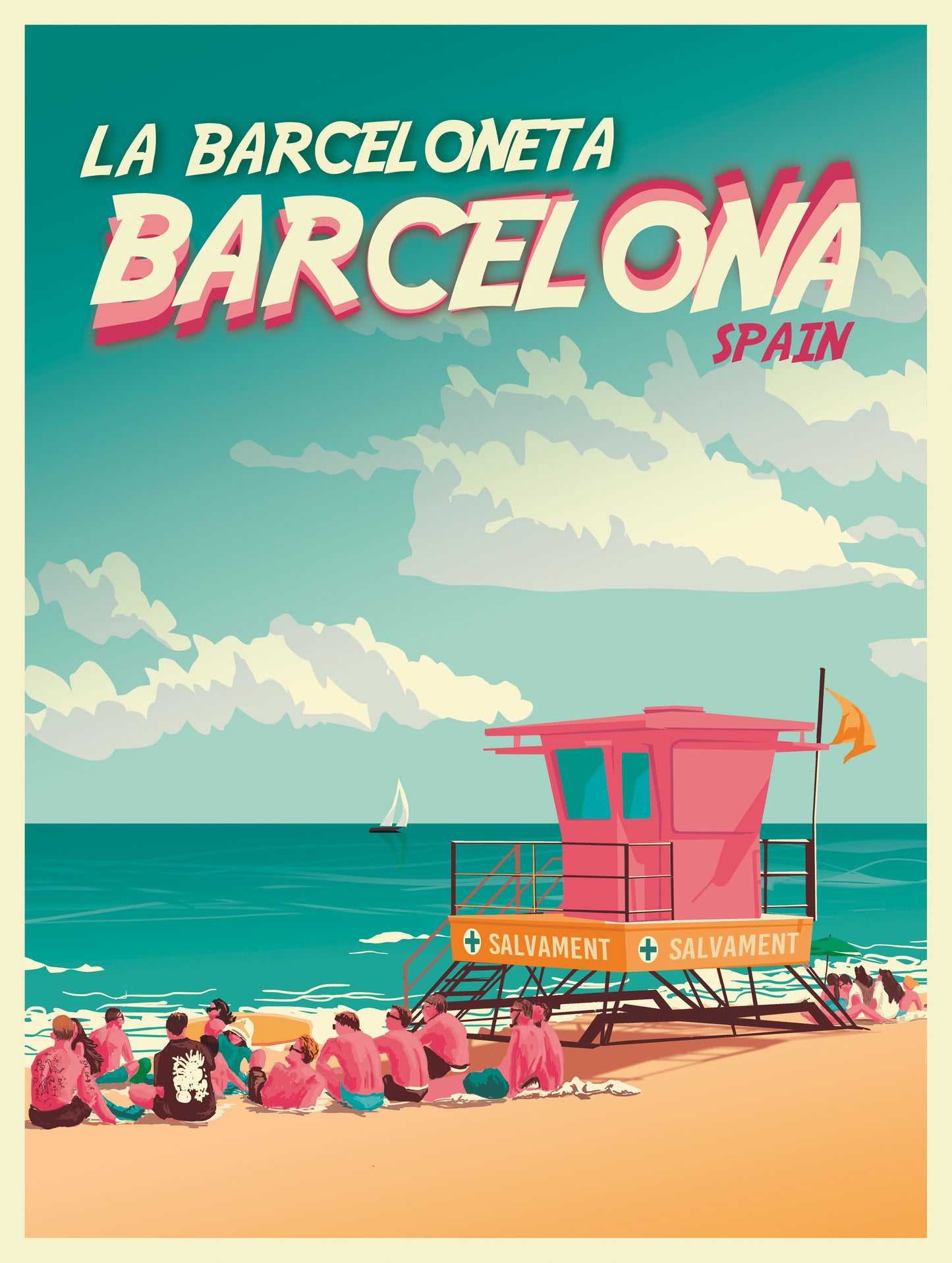 Barcelona La Barceloneta travel poster by Studio Frits featuring beach scene with lifeguard tower, people relaxing on the sand, and Mediterranean sea in retro summer style