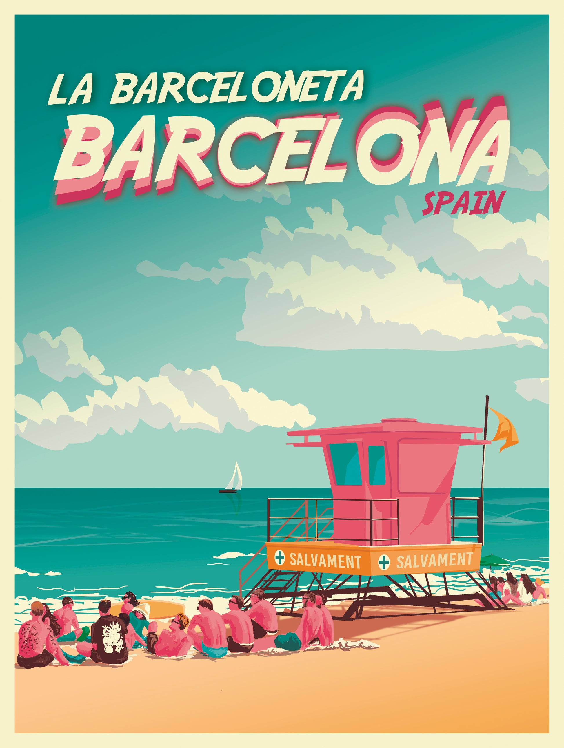 Barcelona La Barceloneta travel poster by Studio Frits featuring beach scene with lifeguard tower, people relaxing on the sand, and Mediterranean sea in retro summer style