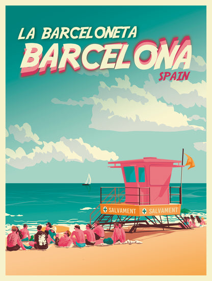 Barcelona La Barceloneta travel poster by Studio Frits featuring beach scene with lifeguard tower, people relaxing on the sand, and Mediterranean sea in retro summer style