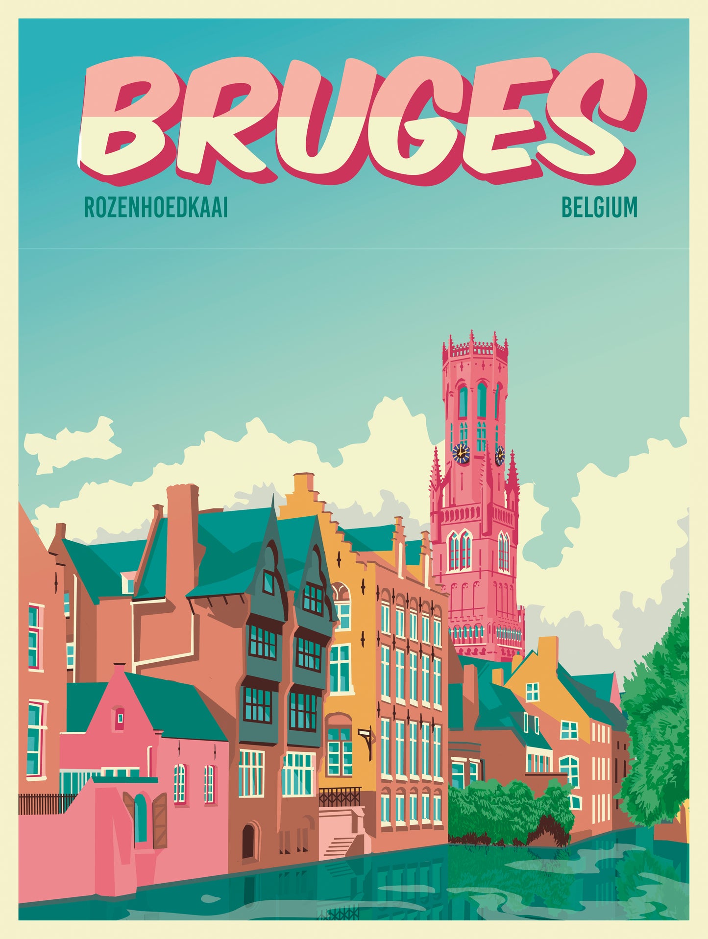 Bruges Rozenhoedkaai poster by Studio Frits showing iconic canal houses and Belfry tower in Bruges Belgium, colorful travel wall art for home or office decor