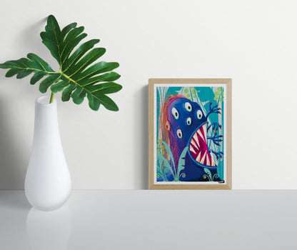 Monster Jungle by Gert Paenen, colorful fantasy monster art print featuring a blue multi-eyed creature with sharp teeth surrounded by jungle plants, contemporary illustration wall art, 13 × 18 cm digital print.