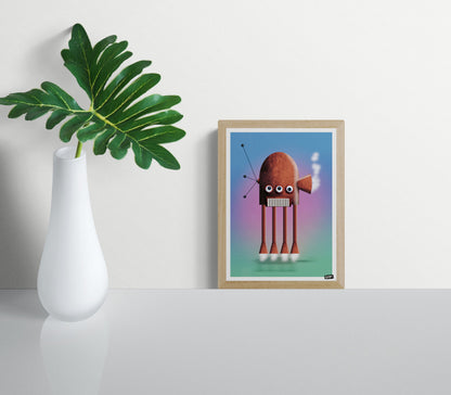 Robot 2 by Gert Paenen digital art print featuring a whimsical flying robot with three eyes, rocket legs, and a textured metallic body against a colorful gradient background. Contemporary sci-fi wall art for modern interiors and creative spaces.