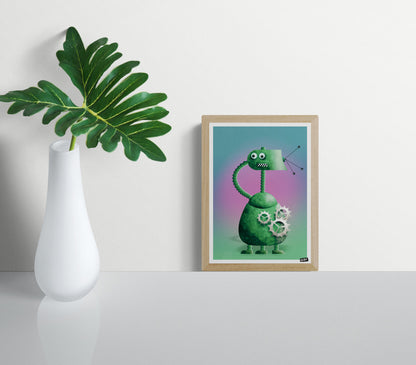 Robot 3 by Gert Paenen, green retro robot art print with exposed mechanical gears, geometric shapes and playful character design on a colorful gradient background, contemporary digital illustration for modern home decor and creative interiors.