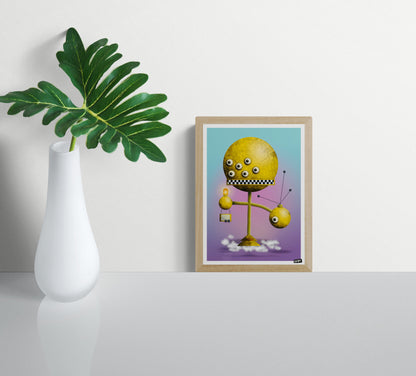 Robot 4 by Gert Paenen, colorful digital art print featuring a whimsical yellow robot character with multiple eyes, geometric shapes, and playful futuristic design on a pastel gradient background, contemporary wall art for modern interiors.
