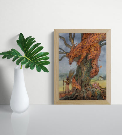 Autumn dragon made of golden leaves resting in an ancient tree beside a traveler, illustrated in a detailed folklore-inspired fantasy style with warm orange tones and soft natural colors. Vertical giclée wall art for cozy home decor.
