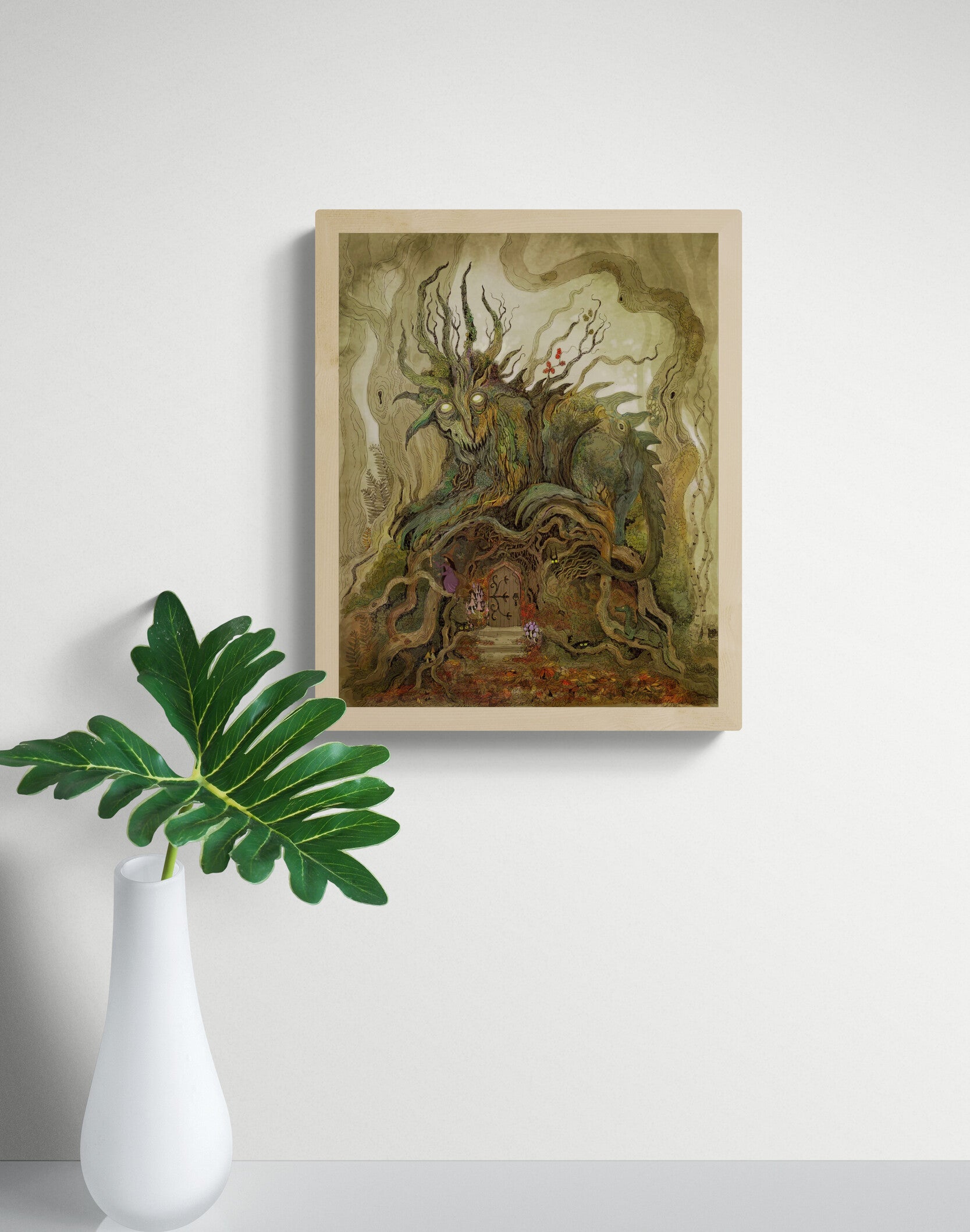 Detailed fantasy giclée art print featuring an ancient tree spirit with glowing eyes guarding a hidden woodland dwelling, surrounded by twisted roots, forest creatures, and magical details in earthy green and brown tones, vertical wall art for fantasy-inspired home decor.