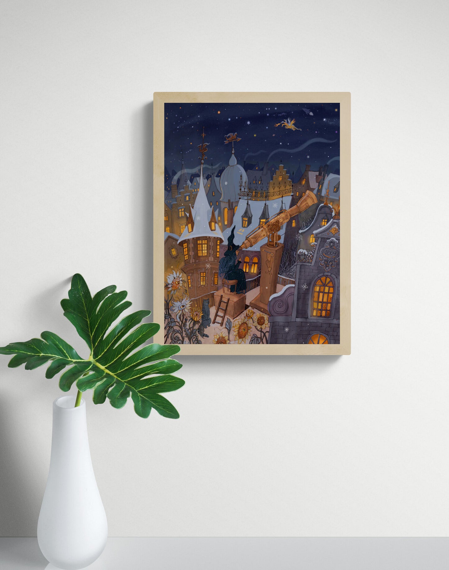 Winter Stargazer by Lena Yampolski featuring a witch observing the night sky through a telescope above a snow-covered fantasy town, illuminated windows, celestial details, warm golden tones and deep blue winter colors, vertical giclée wall art for cozy home decor.