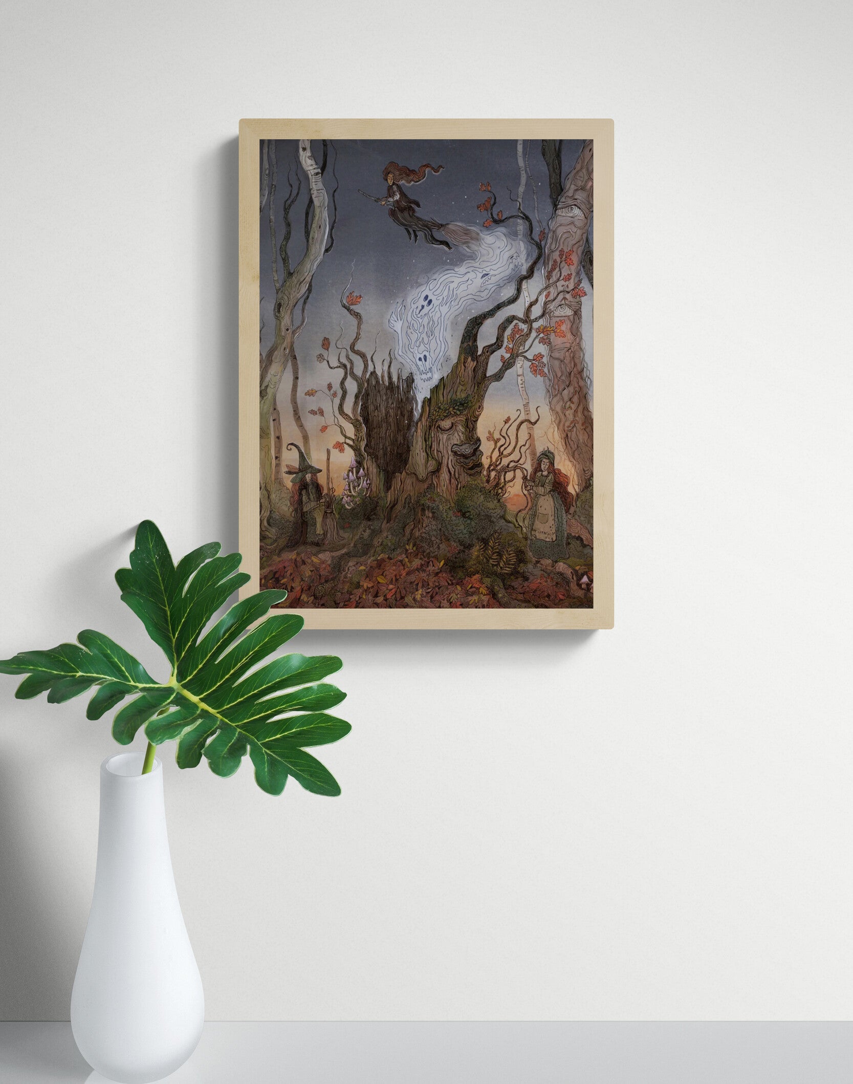 Detailed fantasy forest illustration featuring witches gathered around an ancient tree spirit at twilight, with a ghostly woodland creature and flying witch. Rich earthy colors, folklore-inspired giclée print, vertical wall art for cozy home decor.