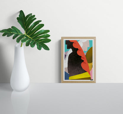 Mermaids 4 by Gert Paenen, colorful abstract digital art print featuring stylized mermaid-inspired forms in bold coral red, black, yellow, turquoise, and pastel tones, contemporary modern wall art for creative interiors and gallery walls.