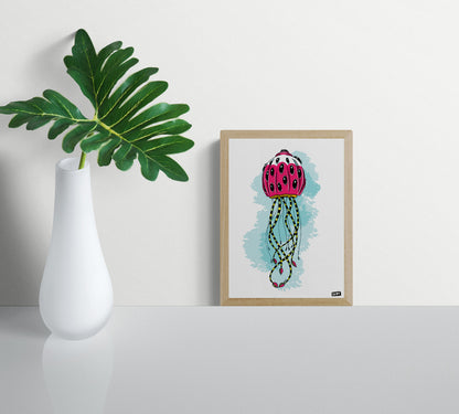 Monster 1 by Gert Paenen digital art print featuring a whimsical pink creature with multiple eyes, long striped tentacles, and surreal organic details, contemporary Belgian illustration for colorful modern wall decor.