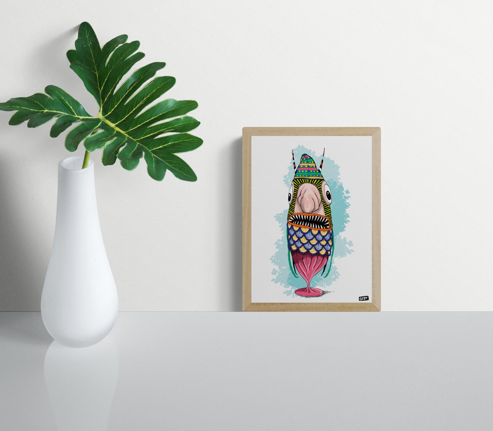 Monster 3 by Gert Paenen, colorful digital art print featuring a whimsical fantasy creature with large eyes, patterned scales, vibrant textures, and playful contemporary illustration style on premium 300 g/m² paper.