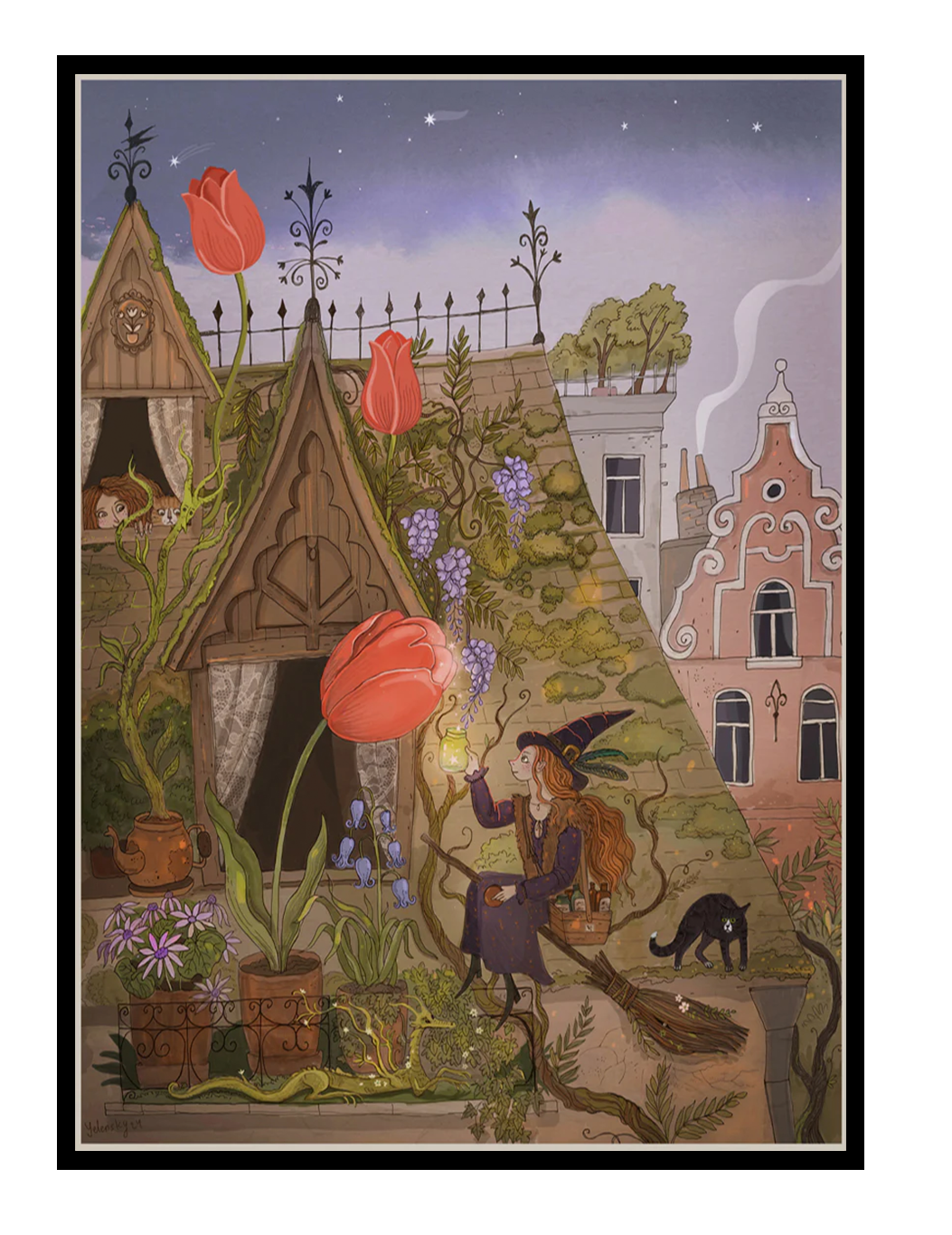 Whimsical rooftop garden illustration featuring a young witch, glowing tulips, black cat, and enchanted plants in the Marolles district of Brussels. Detailed fantasy Giclée print in soft purple, green, and terracotta tones, perfect for cozy home decor and storybook-inspired interiors.