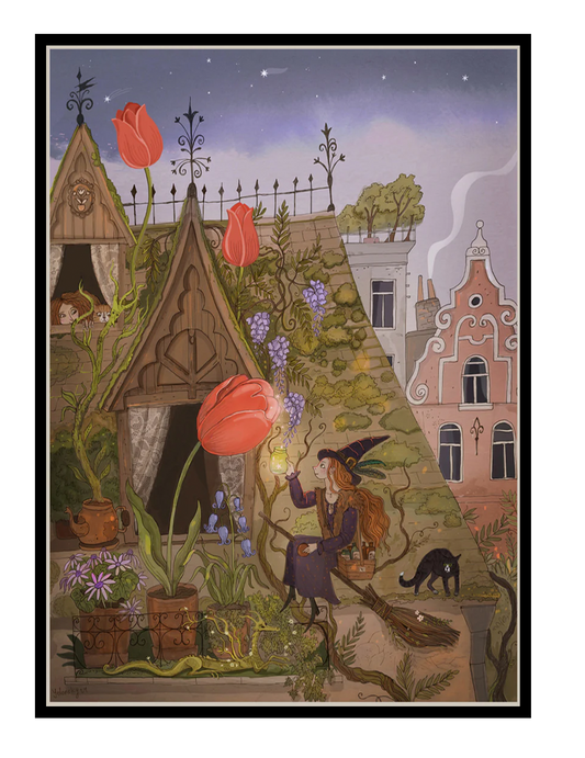 Whimsical rooftop garden illustration featuring a young witch, glowing tulips, black cat, and enchanted plants in the Marolles district of Brussels. Detailed fantasy Giclée print in soft purple, green, and terracotta tones, perfect for cozy home decor and storybook-inspired interiors.
