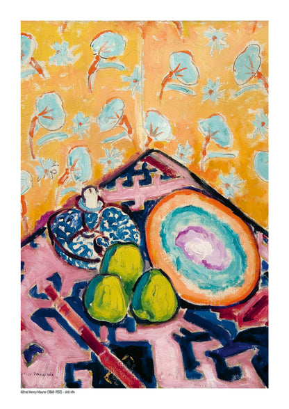 Portrait A4 art print of a colourful still life by Alfred Henry Maurer, featuring green fruit, a large circular plate and floral patterns in orange, turquoise, pink and blue, ideal for kitchen, dining room or eclectic wall decor.