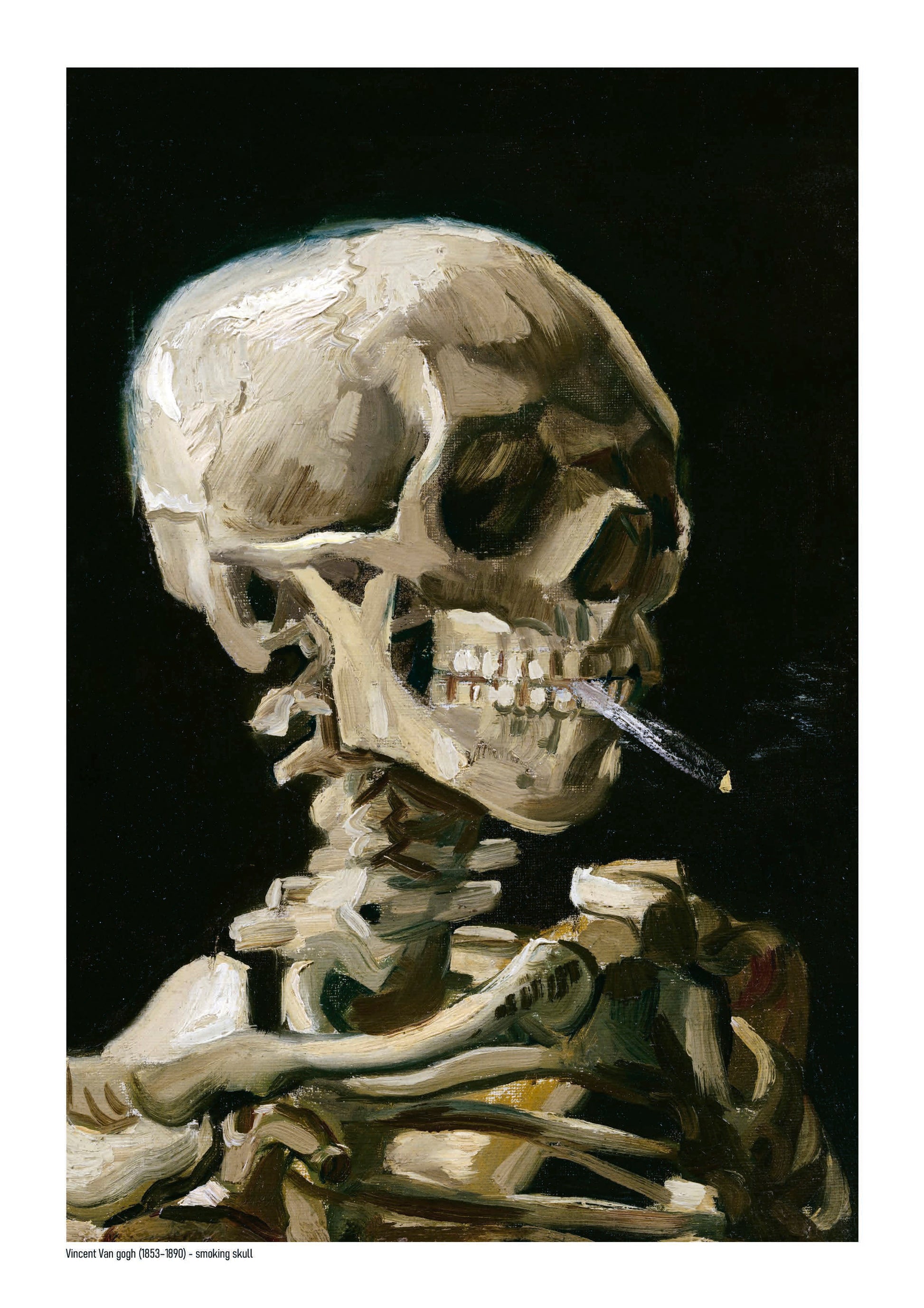 Vertical digital art print of a smoking human skeleton by Vincent van Gogh, painted in expressive beige, brown and olive tones against a deep black background, ideal for bold wall art, offices, studios and eclectic home decor.