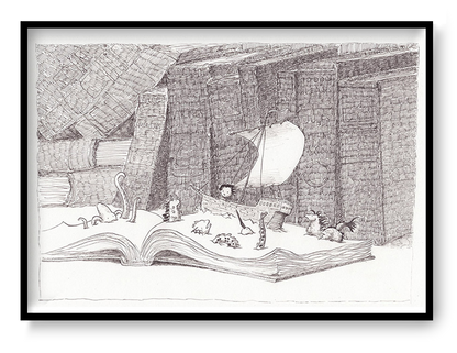 Detailed monochrome illustration titled Vessel by Willy Leung featuring a paper sailboat floating across the pages of an open book surrounded by towering library books, tiny creatures, and intricate pen-drawn textures. Literary surreal art print available in A4 and 30 x 40 cm.