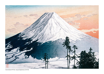 Landscape A4 art print of snow-covered Mount Fuji beneath a peach and blue sky, with dark pine trees in the foreground, based on a Japanese colour woodblock by Hiroaki Takahashi; horizontal wall art for calm interiors.