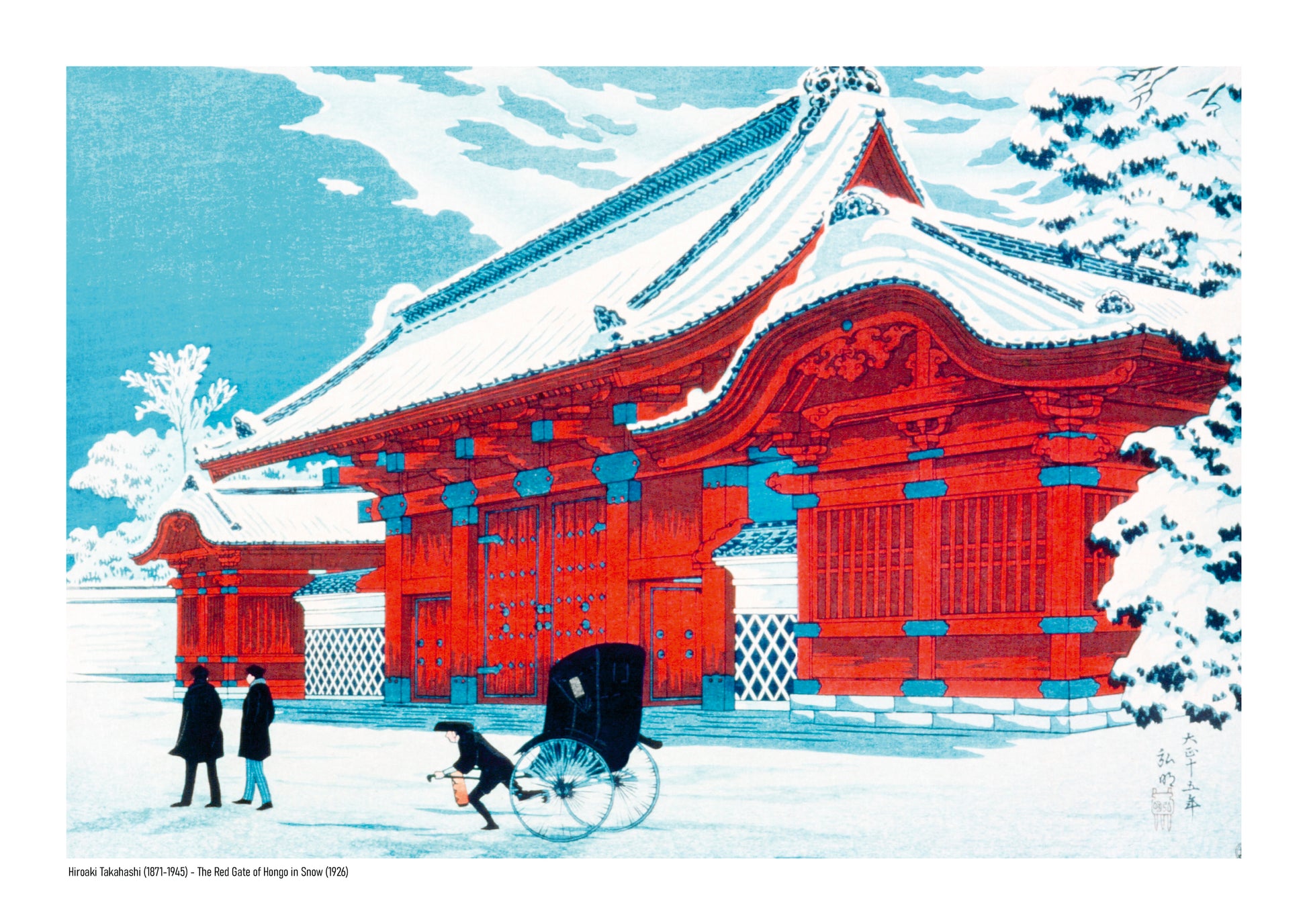 Horizontal Japanese winter scene showing a vivid red gate in Hongo covered with snow, a rickshaw and pedestrians, rendered in blue, white and red as decorative wall art.
