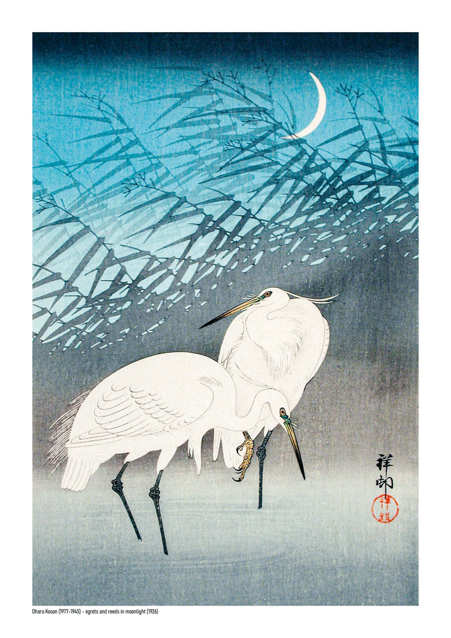 Two white egrets standing among layered reeds beneath a crescent moon, illustrated in a vintage Japanese woodblock style with blue and grey tones, vertical A4 digital print for calm wall decor.