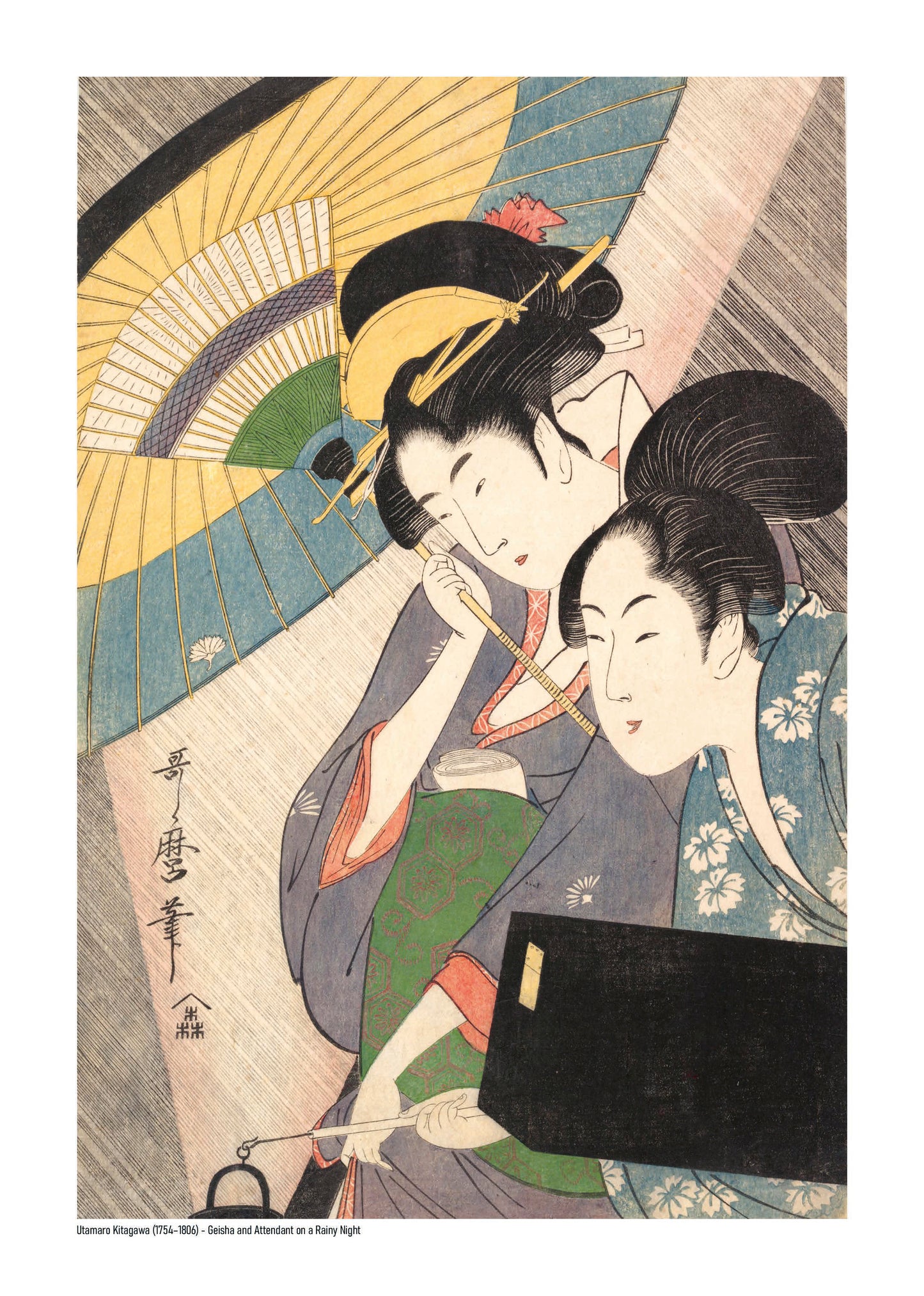 Vertical Japanese ukiyo-e artwork by Kitagawa Utamaro showing a geisha and her attendant beneath layered umbrellas on a rainy night, with muted blue, yellow, green and pink tones, reproduced as an A4 giclée print for elegant wall decor.