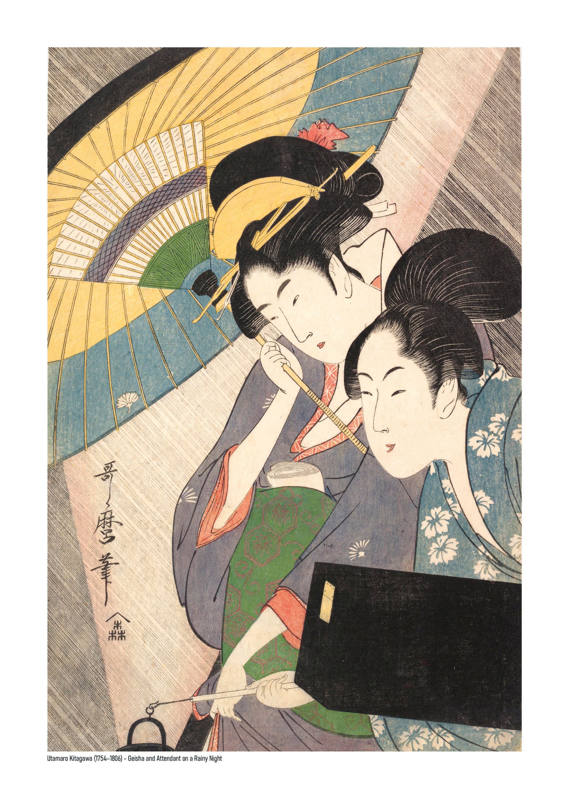 Vertical Japanese ukiyo-e artwork by Kitagawa Utamaro showing a geisha and her attendant beneath layered umbrellas on a rainy night, with muted blue, yellow, green and pink tones, reproduced as an A4 giclée print for elegant wall decor.
