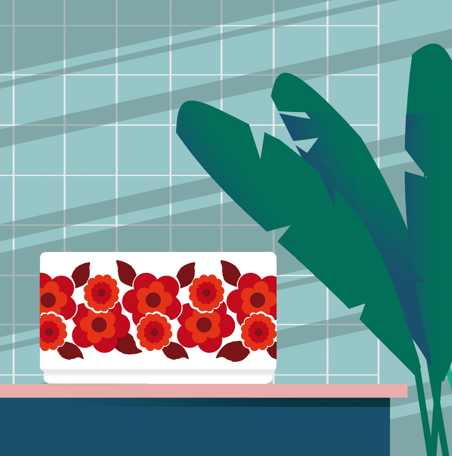 Stylish modern illustration by Studio Frits titled 'Arcopal Lotus Bowl,' featuring a vintage Arcopal dish with its iconic red floral pattern placed on a pastel pink shelf against a tiled retro kitchen wall. Accented with bold tropical leaves, this vibrant artwork blends nostalgia with contemporary minimalism—perfect for vintage lovers, kitchen art collectors, and fans of mid-century design