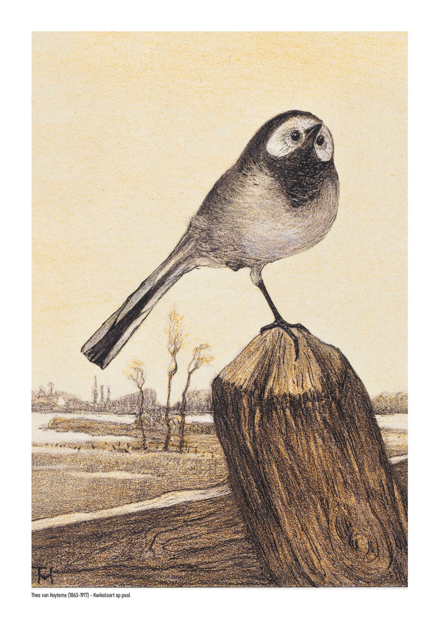 Vintage vertical digital art print of a wagtail perched on a wooden post above a quiet rural landscape, illustrated in warm cream, brown and black tones, ideal as nature-inspired wall art.