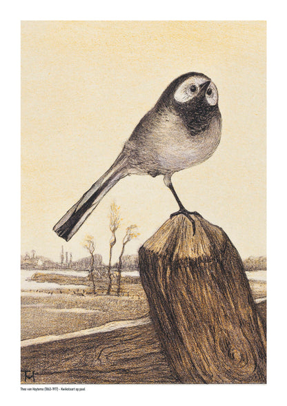 Vintage vertical digital art print of a wagtail perched on a wooden post above a quiet rural landscape, illustrated in warm cream, brown and black tones, ideal as nature-inspired wall art.