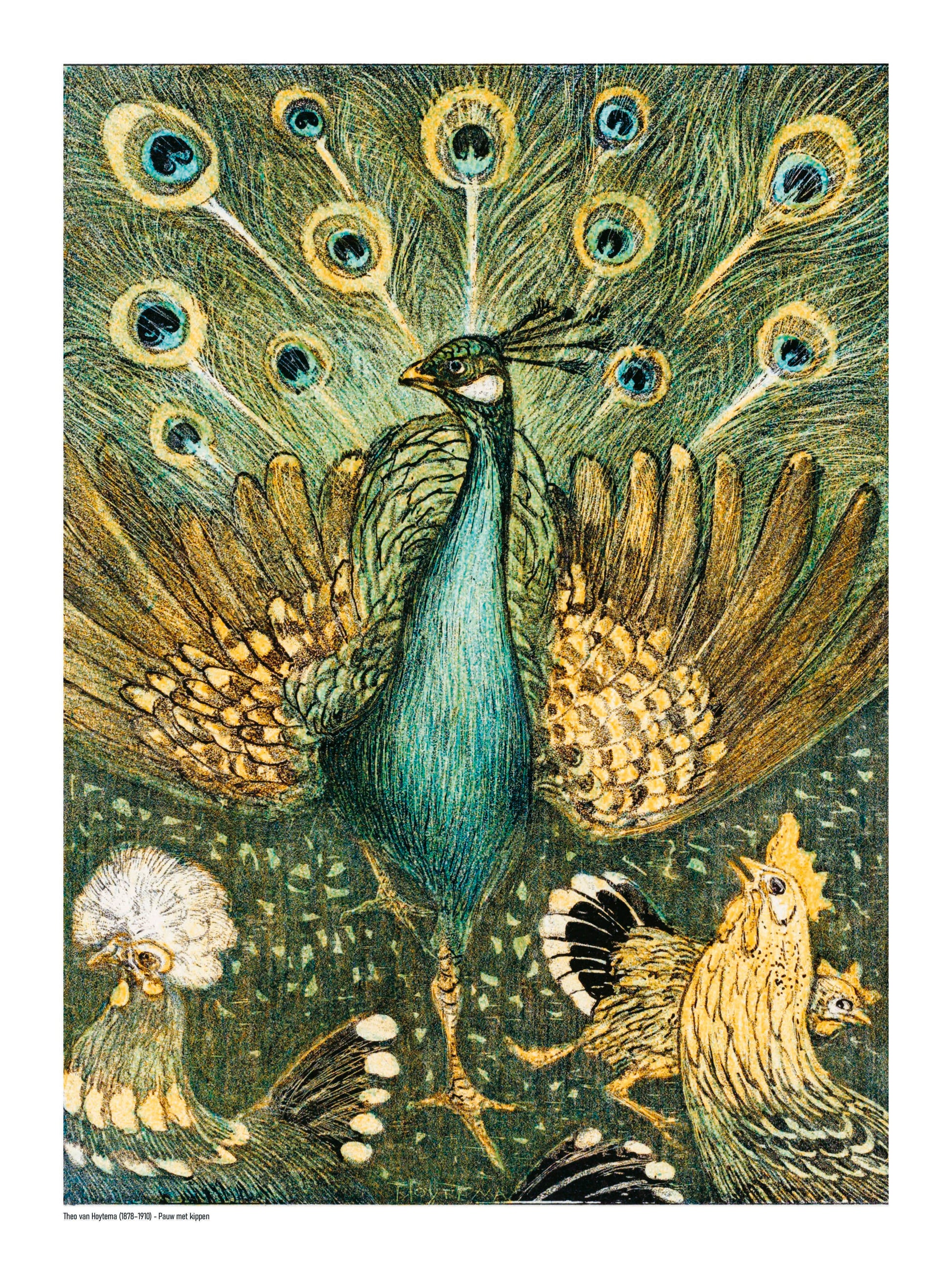 Vertical decorative art print of a peacock surrounded by chickens, illustrated in rich green, turquoise, gold and black tones in Theo van Hoytema’s Art Nouveau style, ideal as distinctive living room wall art.